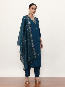 Jaipur Kurti - Teal Embroidered Kurta, Pant with Dupatta (Set of 3)