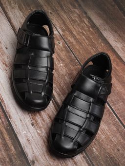 Carlton London - Black Velcro Round Toe Men Sandals