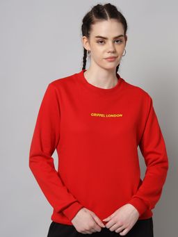 Griffel - Women Red Basic Solid Cotton Fleece Regular Fit Round Neck Sweatshirt
