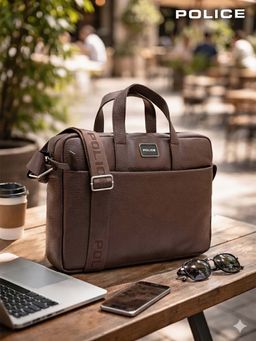 Police - Men Brown Leather 15 Laptop Messenger Briefcase Bag
