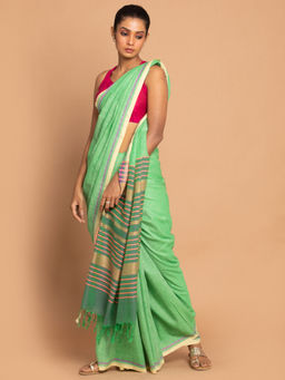 Indethnic - Banarasi Green Solid Daily Wear Saree With Unstitched Blouse