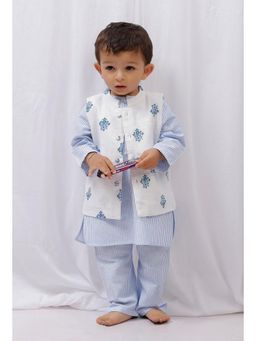 Tjori - Blue Striped Cotton Kurta and Pyjama with Nehru Jacket (Set of 3)