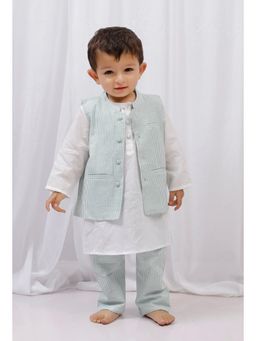 Tjori - Cotton Kurta and Pyjama with Green Stripes Nehru Jacket (Set of 3)
