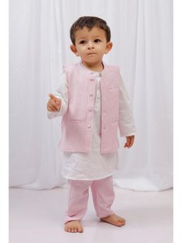 Tjori - Cotton Kurta and Pyjama with Pink Stripes Nehru Jacket (Set of 3)