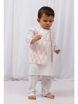 Tjori - White Cotton Kurta with Pyjama and Hand Block Printed Nehru Jacket (Set of 3)