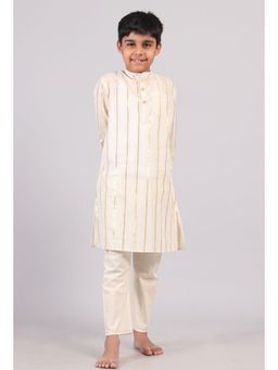 Tjori - Cream Cotton Golden Stripes Kurta and Pyjama (Set of 2)