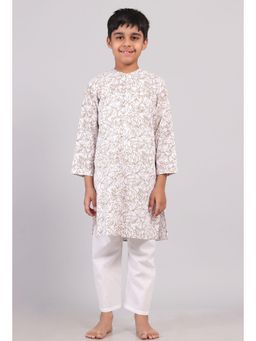 Tjori - Brown Floral Print Kurta with Pyjama (Set of 2)
