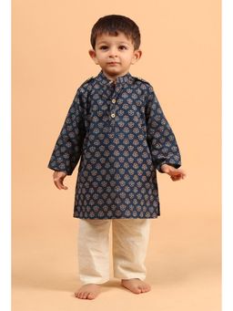 Tjori - Shlok Blue Ajrakh Print Cotton Kurta and Pyjama (Set of 2)