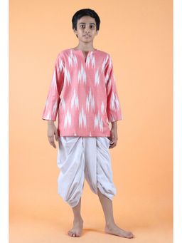 Tjori - Pink Ikat Cotton Kurta and Dhoti Pant (Set of 2)