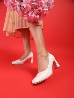Truffle Collection - Beige Solid Block Heeled Pumps