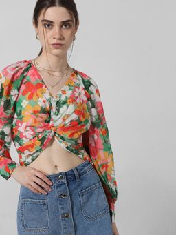 ONLY - Multi-Color Floral Pleated Crop Top