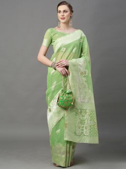 Akhilam - Womens Cotton Silk Green Woven Design Saree with Unstitched Blouse