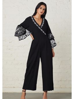 BOHO-CHIC By Sukriti Jain - Floral Black Embroidered Bell Sleeved Monochrome Jumpsuit