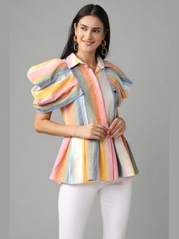 BOHO-CHIC By Sukriti Jain - Multi-Color Striped Peplum Shirt With Flattering Sleeve