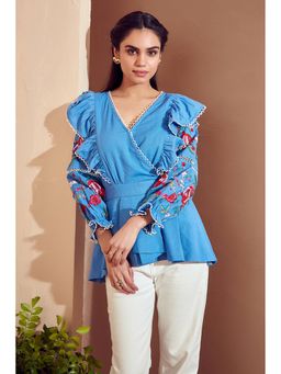 BOHO-CHIC By Sukriti Jain - Blue Enchanted Embroidered Ruffled Top