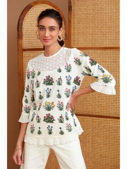 BOHO-CHIC By Sukriti Jain - White Full Bloom Dolce Embroidered Top