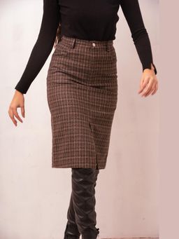THISISDEHI - Brown Wool Checks Knee Length Skirt