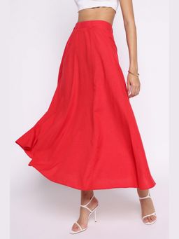 THISISDEHI - Red Linen Blend Plain Midi Skirt
