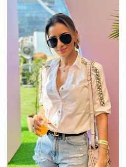 Pallavi Swadi - White Audrey Pearl Ribbon Shirt