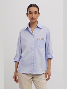 Pallavi Swadi - Sky Blue Swarovski Flower Strip Shirt