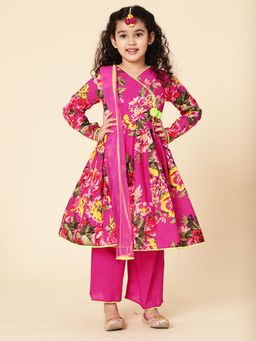 A.T.U.N. - Girls Pink Floral Printed Anarkali Kurta with Pant & Pant (Set of 3)