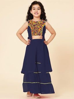 A.T.U.N. - Girls Navy Blue Embroidered Kurta with Sharara (Set of 2)