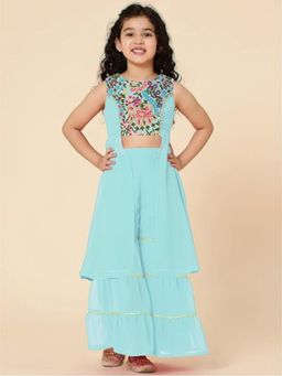 A.T.U.N. - Girls Blue Embroidered Kurta with Sharara (Set of 2)