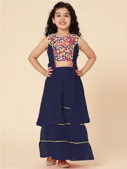 A.T.U.N. - Girls Navy Blue Embroidered Kurta with Sharara (Set of 2)