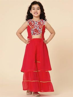 A.T.U.N. - Girls Red Embroidered Kurta with Sharara (Set of 2)