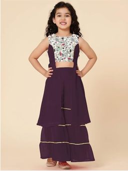 A.T.U.N. - Girls Wine Embroidered Kurta with Sharara (Set of 2)