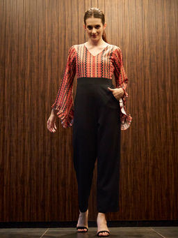 AAREIN - Women Black Coral Printed Basic Jumpsuit