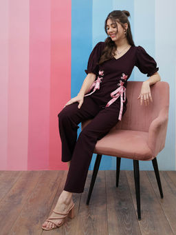 AAREIN - Burgundy V-Neck Waist Tie-Ups Basic Jumpsuit