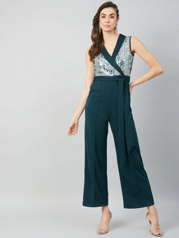 AAREIN - Turquoise Blue Silver-Toned Basic Jumpsuit with Embellished