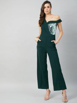 AAREIN - Green One Shoulder Basic Jumpsuit with Embellished