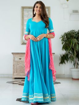Lavanya The Label - Blue Cotton Flared Anarkali With Dupatta (Set of 3)