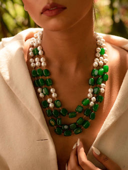 Kastiya Jewels - Beaded Green Layered Quartz Semi Precious Gemstone and Pearl Necklace