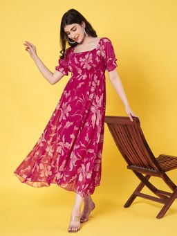 ANVI Be Yourself - Women Floral Printed Red Chiffon Fit and Flare Dress