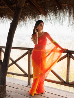 Geroo Jaipur - Yellow And Orange Shaded Pre-Stitched Chiffon Saree with UnPre-Stitched Blouse