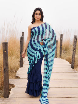Geroo Jaipur - Blue Pre-Stitched Chiffon Saree with Unstitched Blouse