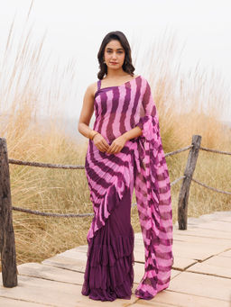 Geroo Jaipur - Purple And Pink Pre-Stitched Chiffon Saree with Unstitched Blouse