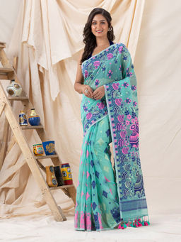 Angoshobha - Traditional Turquoise Soft Dhakai Jamdani Saree with Unstitched Blouse