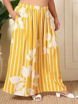 Deebaco - Yellow Striped with Floral Patch Printed Women Plus Size Skirt