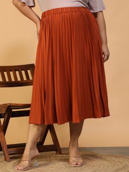 Oxolloxo - Women Plus Size Rust Elasticated Pleated Below Knee -Length Skirt