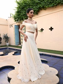 Sunanta Madaan - Ivory Lehenga with Crop Top (Set of 2)