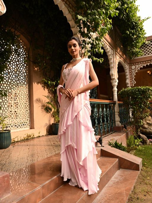 pink saree dress Buy Pre Stitched Lycra(Elastane) Saree in Pink Online : SSEA262