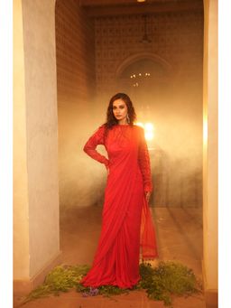 Midushi Bajoria - Tt Red Drape Saree with Stitched Blouse