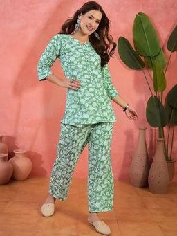 Gahan - Womens Light Green Floral Printed Pure Cotton Co-Ord Set