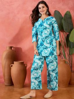 Gahan - Womens Sky Blue Floral Printed Pure Cotton Co-Ord Set
