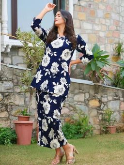 Gahan - Womens Navy Blue Floral Printed Pure Cotton Co-Ord Set