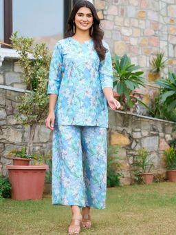 Gahan - Womens Sky Blue Floral Printed Pure Cotton Co-Ord Set